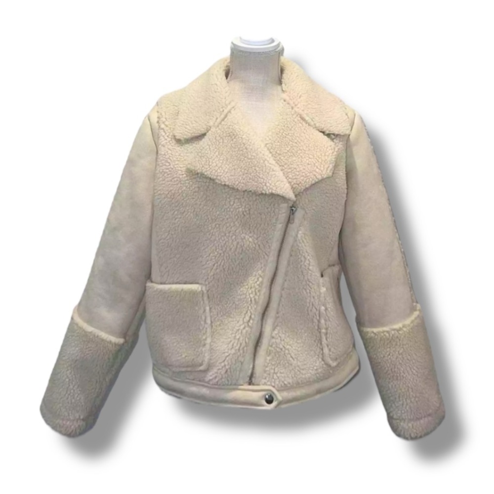 Catherine Malandrino Faux Suede Sherpa Jacket Women’s Size L Tan Moto Style Coat